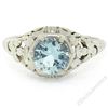 Antique Art Deco 18kt White Gold Round Aquamarine Solitaire Floral Filigree Ring