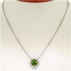 18K White Gold 16  3.12 ctw F VS Diamond Cushion Peridot Flower Cluster Necklace