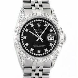 Rolex Mens Stainless Steel Black Diamond Lugs & Pyramid Bezel Datejust Wristwatc