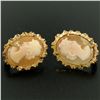 Image 3 : 18k Yellow Gold Carved Shell Cameo Earrings w/ Etched & Textured Frames