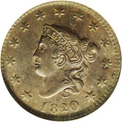 "1820/19 1C MS62 Brown NGC. N-1, R.1. As"