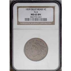 "1839 1C Silly Head MS65 Brown NGC. N-4,"