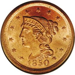 "1850 1C MS65 Red NGC. N-7, R.2. This lo"