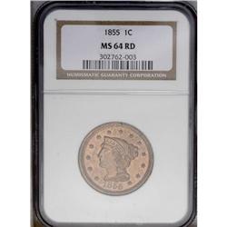 "1855 1C Upright 5s MS64 Red NGC. N-4, R"