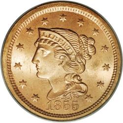 "1855 1C Upright 5s MS65 Red PCGS. N-4, "