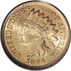 1864 1C Bronze No L MS66 Red PCGS. Ex: 