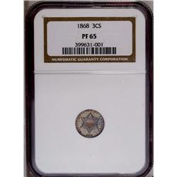 "1868 3CS PR65 NGC. Rich honey-gold, pow"