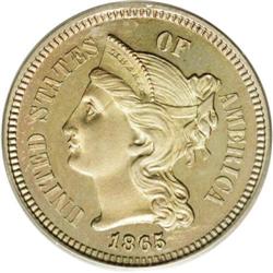 1865 3CN PR64 Cameo PCGS. Luminous surf