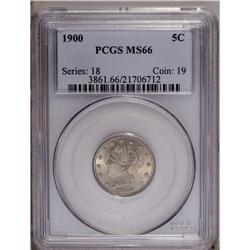 1900 5C MS66 PCGS. An extremely lustrou