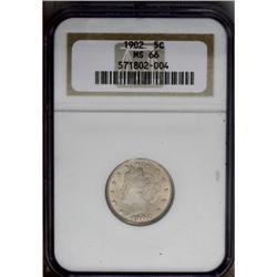 1902 5C MS66 NGC. Golden-gray toning ad