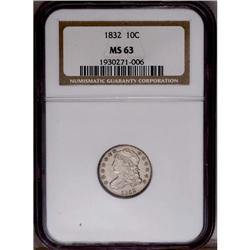 "1832 10C MS63 NGC. JR-4, R.3. A satiny "