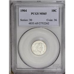 "1904 10C MS65 PCGS. Nearly untoned, sav"