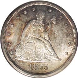 "1875-CC 20C MS63 NGC. On the reverse, a"