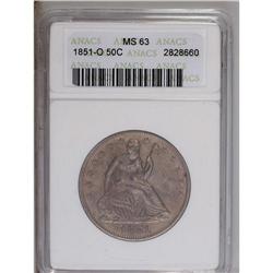 1851-O 50C MS63 ANACS. A semi-prooflike