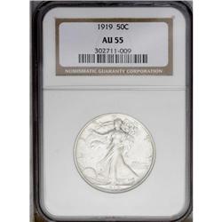 1919 50C AU55 NGC. An untoned silver-gr