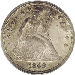 "1849 S$1 MS62 PCGS. Golden-brown, olive"