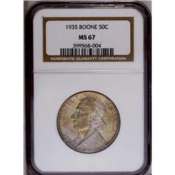 "1935 50C Boone MS67 NGC. Yellow-gold, s"
