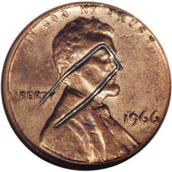 1966 1C Lincoln Cent--Staple Struck Int