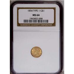 1854 G$1 Type One MS64 NGC. A lustrous 