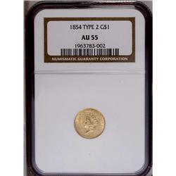 1854 G$1 Type Two AU55 NGC. First year 