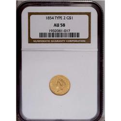 1854 G$1 Type Two AU58 NGC. Very well s