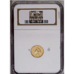 1855 G$1 AU58 NGC. Lightly worn with su