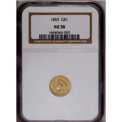 1855 G$1 AU58 NGC. Satiny textured surf