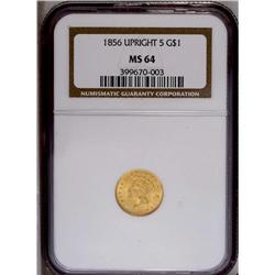 1856 G$1 Upright 5 MS64 NGC. This lustr