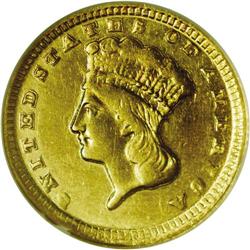 1859-D G$1 AU55 NGC. Variety 11-N. A lu