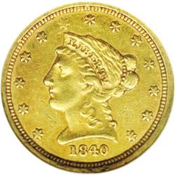 1840 $2 1/2 AU55 NGC. Still lustrous be