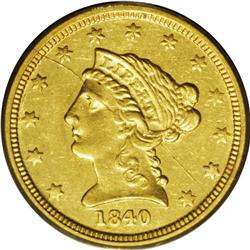 1840-D $2 1/2 AU58 PCGS. Variety 1-B. T