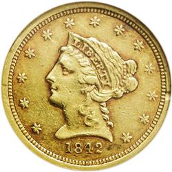 1842-D $2 1/2 AU55 NGC. Variety 3-F. A 