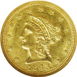 1843 $2 1/2 MS61 NGC. This straw-gold L
