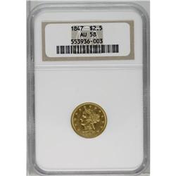 "1847 $2 1/2 AU58 NGC. Breen-6188, ""Very"