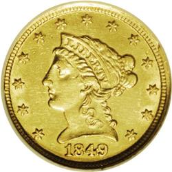 1849-D $2 1/2 AU55 NGC. Variety 11-M. H
