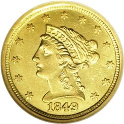 1849-D $2 1/2 AU58 NGC. Variety 11-M as