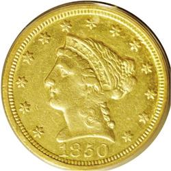 1850-C $2 1/2 AU55 PCGS. Variety 12-H. 