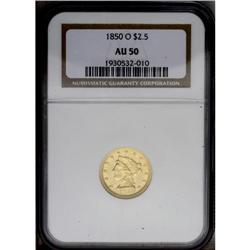 1850-O $2 1/2 AU50 NGC. This difficult 