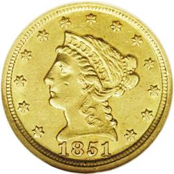 1851-D $2 1/2 AU55 NGC. Variety 14-M. S