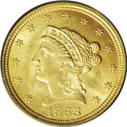 1853 $2 1/2 MS64 PCGS. A vibrant golden