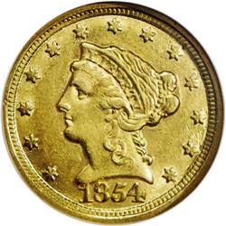 1854-D $2 1/2 AU58 NGC. Variety 17-M. A