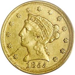 1855-D $2 1/2 XF45 PCGS. Variety 18-L. 
