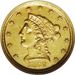 1857-D $2 1/2 MS61 NGC. Variety 20-M. A