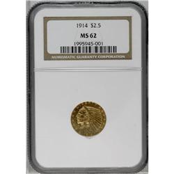 1914 $2 1/2 MS62 NGC. A golden-tan exam