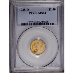 1925-D $2 1/2 MS64 PCGS. Brassy copper-