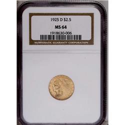 1925-D $2 1/2 MS64 NGC. Brassy-gold sur