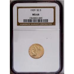 "1929 $2 1/2 MS64 NGC. Sharply struck, w"