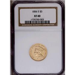 1856-S $3 XF40 NGC. Breen-6356. Small S
