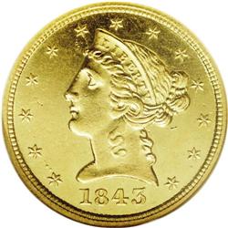 1843-D $5 Medium D MS61 NGC. Variety 10