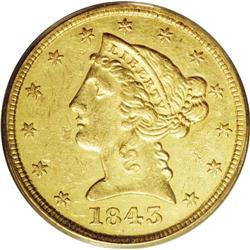 1843-D $5 Small D AU55 PCGS. Variety 10